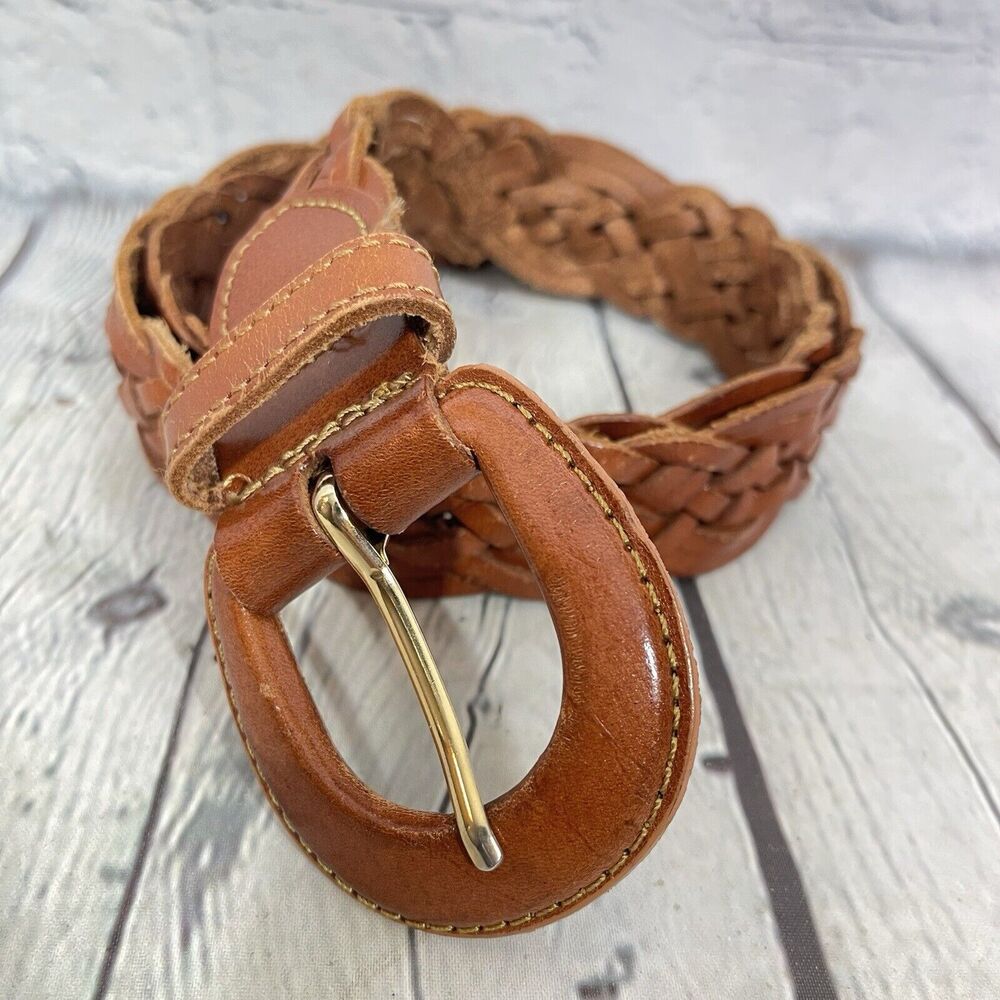 Vintage Braided Leather Belt in Cognac Brown with Gold Buckle